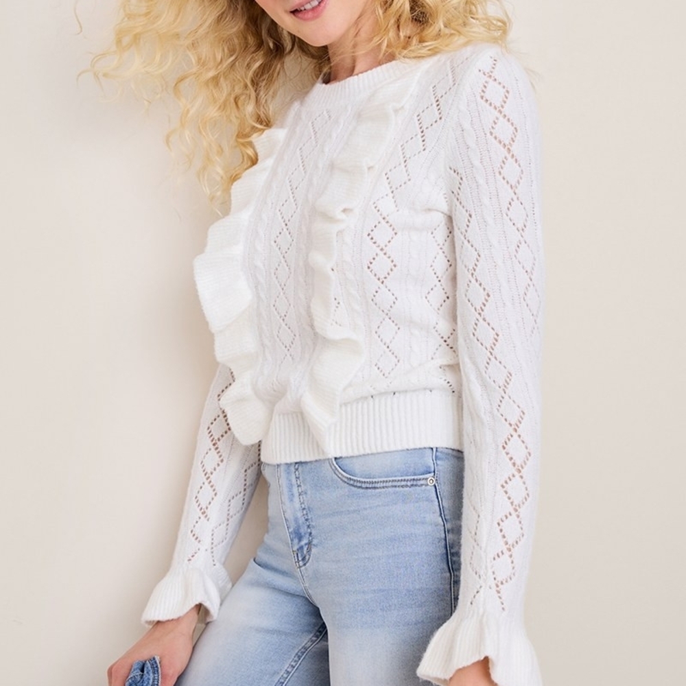 Francesca's "Lorain" White Ruffle Knit Sweater
